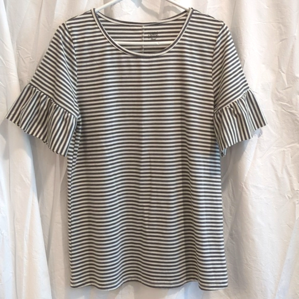 Tickled Teal Striped Ruffle Sleeve Top - Black and White